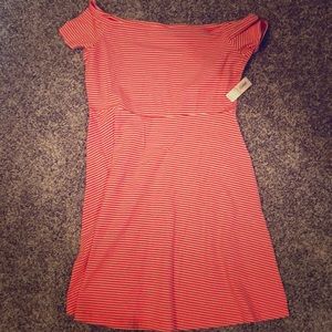 Red and white striped of the shoulder dress